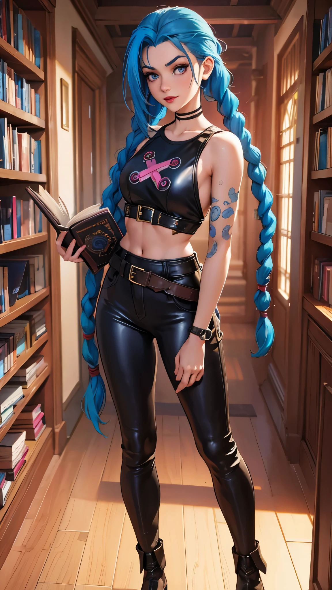 Blue Haired Girl, Book, Arcanum, red-lips, Arcanum. Book, Girl with twin braids and blue color., Book, Arcanum, Book de Arcanum, Book usa uma blusa marrom com um 'x' no meio sa blusa, Arcanum, Book wears leather pants, estilos Arcanum, Book, Eyes pink