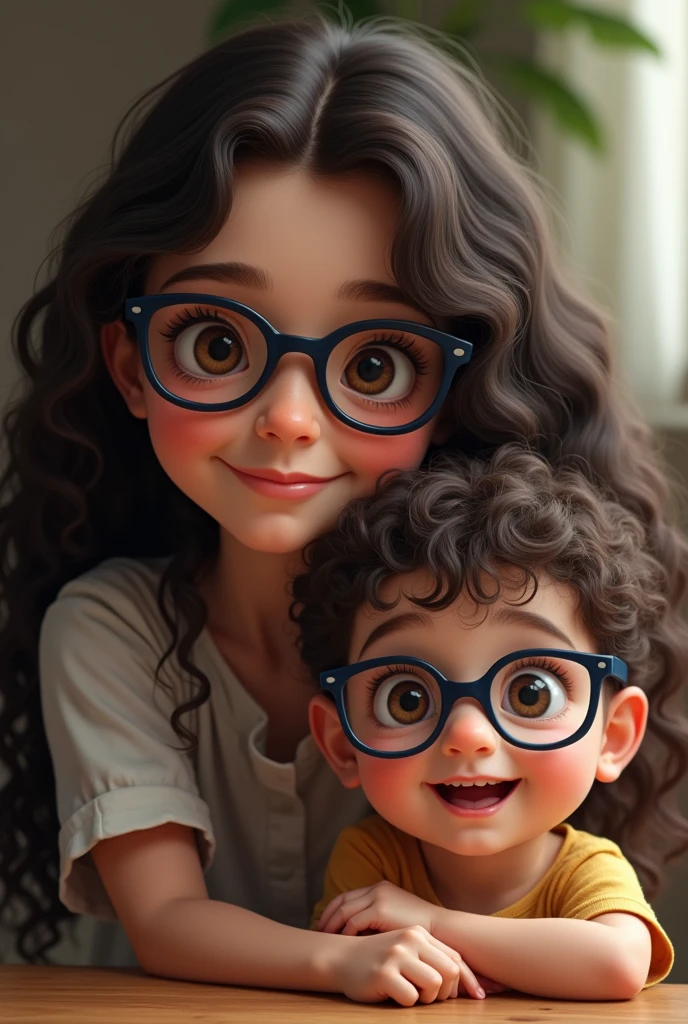 A TEN YEAR OLD with LONG hair reaching her waist,wavy medium curly and dark brown dark brown eyes brown skin 1,50 tall wears black glasses and has a 1 year old brother,75 IN TALL Wears dark blue glasses Chubby Very WHITE skin Short dark brown wavy hair Dark brown eyes