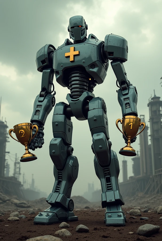 terminator robot, holding a trophy shaped like the number two, a trophy shaped like a plus sign and a trophy shaped like the number one, the background is apocalyptic futuristic , on the robot&#39;s chest there is a plus sign