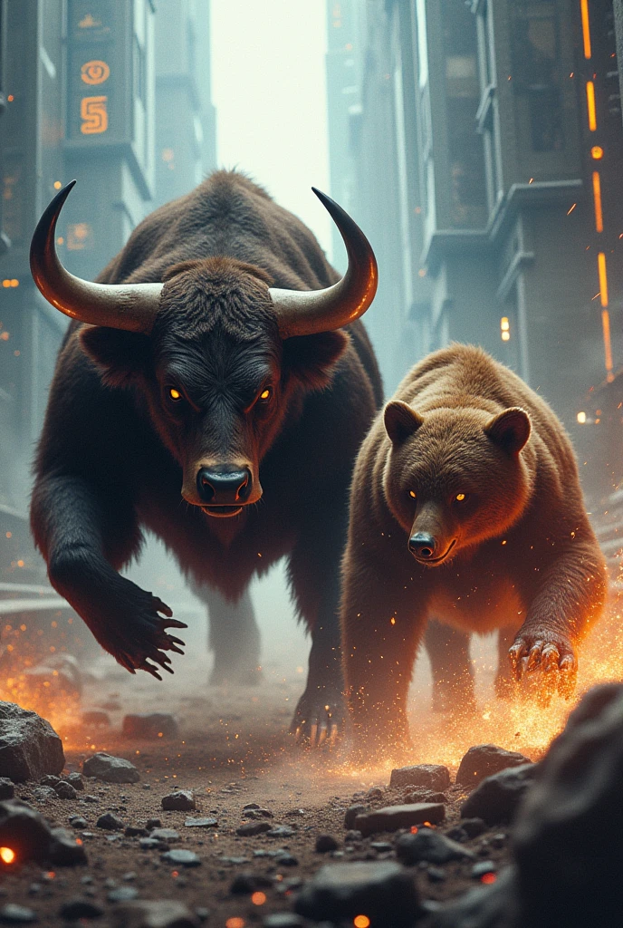 bull fighting against bear, investimentos, Futurism, 真实感