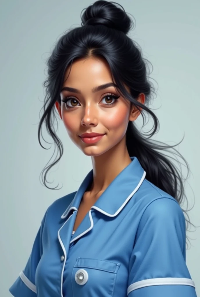 Indian with black hair and collected nurse in blue uniform