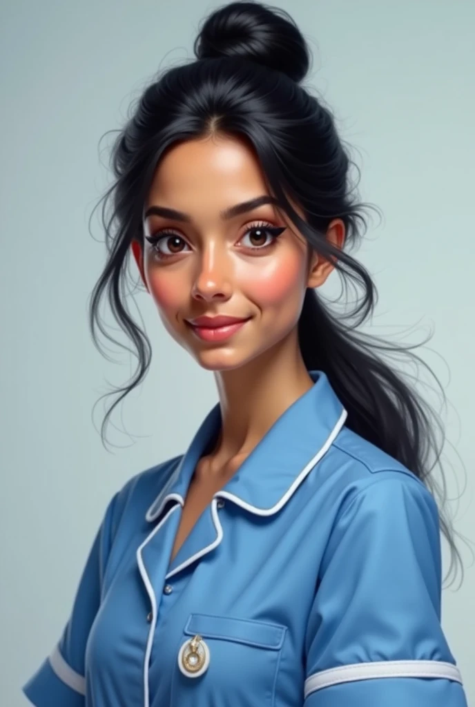 Indian with black hair and collected nurse in blue uniform 