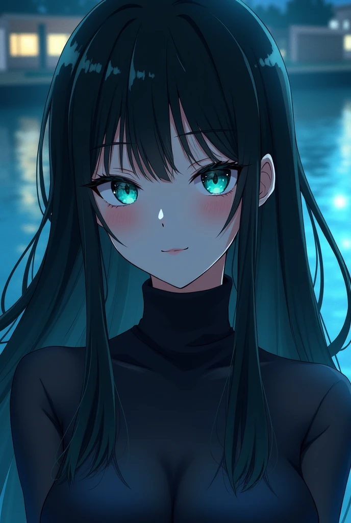 Description of the whole body, anime chainsaw man, Long black hair, woman, Emotionless eyes, Turquoise Eyes, Long eyelashes, Highlights of the night, perspective, nice, Calm expression, 8K quality, amazing, Smooth face, A soft smile, Half Body, Kind eyes, No scar, turtleneck