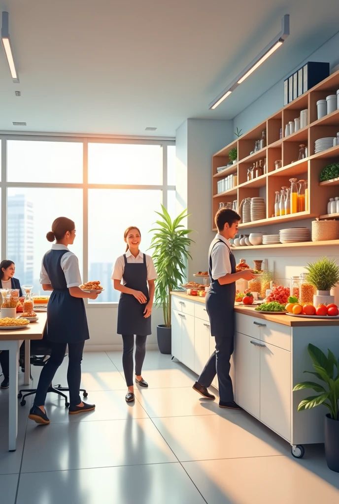 Want img show commercial office and pantry staff serving office staff with systematic way as we provide pantry staff