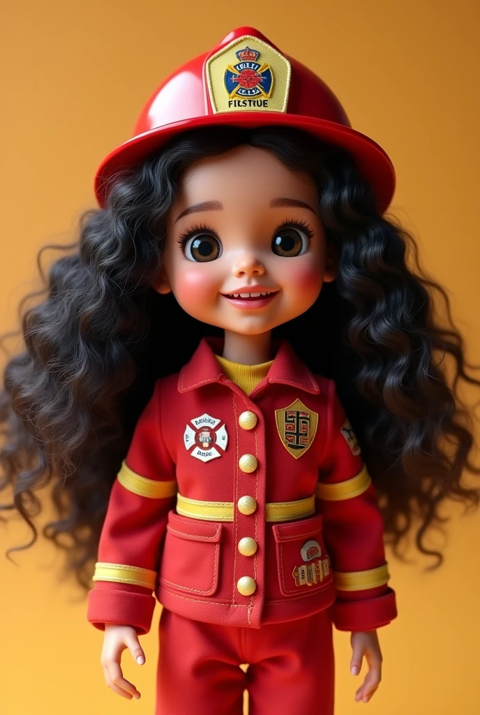 A happy doll with long curly hair, black, fair skin, dressed as a firefighter, with red clothes and a cap