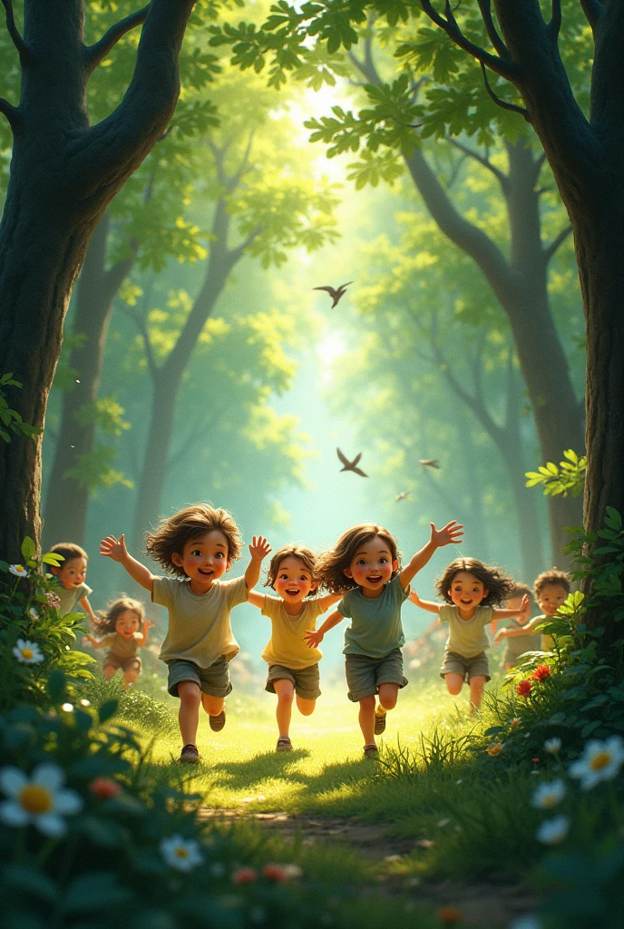 Children running in the forest