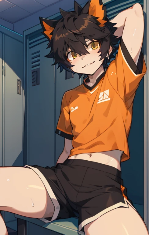 Aak,Sitting,masterpiece,in the locker room,Anime style,4k HD style,Looking at the audience,face,Open your legs,Sweating,Wearing black shorts,Wear an orange top,Aakhead
