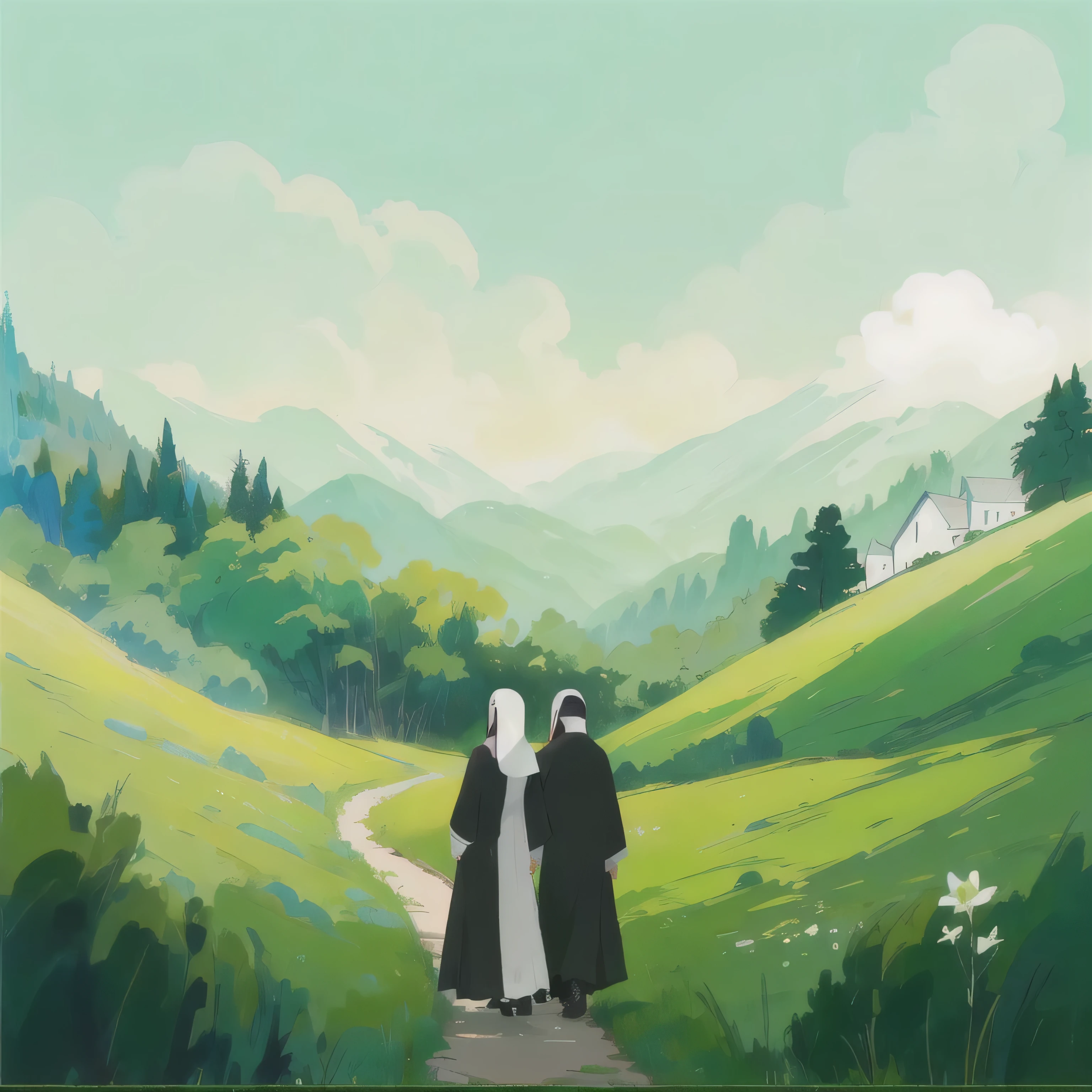 A nun and a priest walking in nature, cartoon style.