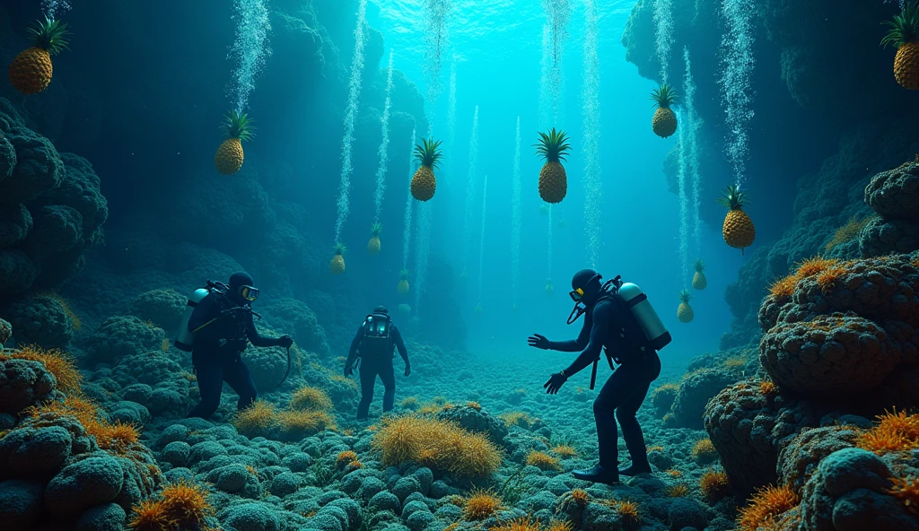 high quality, 8k, ultra-detailed, realistic, photorealistic, HDR, studio lighting, vibrant colors, japanese sea pineapple farming, underwater sea pineapple farming, detailed sea pineapple cultivation, intricate sea pineapple harvesting techniques, complex sea pineapple processing, highly realistic underwater scenery, stunning marine life, bioluminescent ocean, dramatic ocean lighting, aquatic plant life, serene underwater ambiance