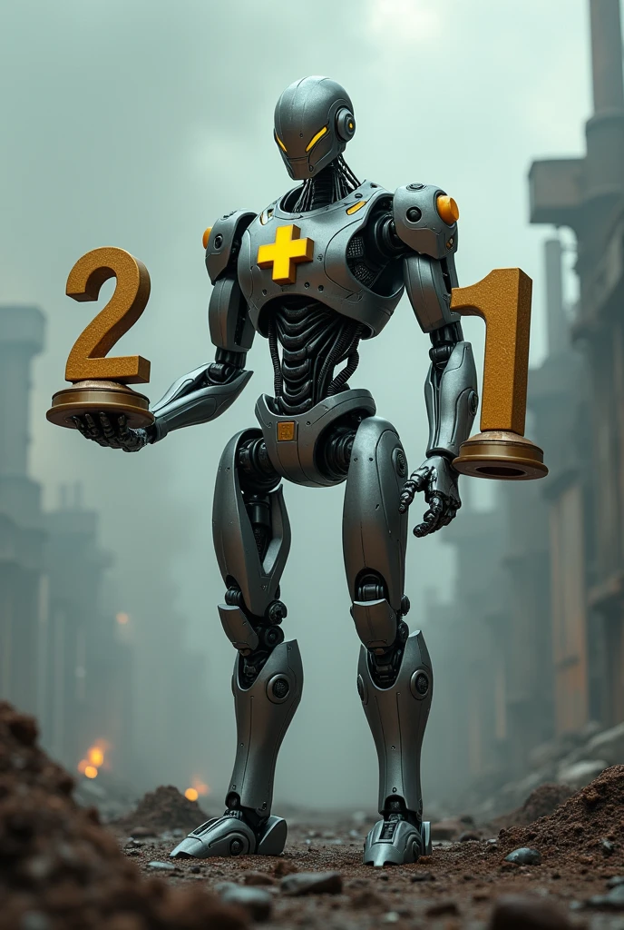 terminator robot, holding a trophy shaped like the number two, a trophy shaped like a plus sign and a trophy shaped like the number one, the background is apocalyptic futuristic , on the robot&#39;s chest there is a plus sign