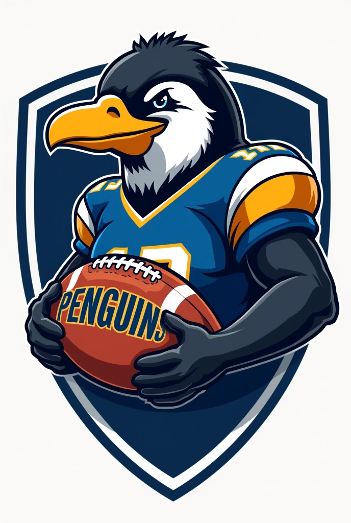A shield of a penguin in a flag football uniform and holding an American football that says “Penguins”