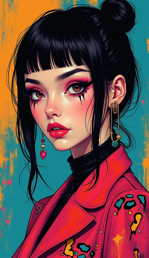 High-quality realistic acrylic art, vivid colors, (best quality, 4K, 8K, high-resolution, masterpiece), ultra-detailed, photorealistic, striking young woman, bold Neo-Gothic makeup, bold Neo-Gothic hair, vibrant Pop Art inspired outfit, intricate facial designs, modern fashion, high fashion, vibrant colors, digital art