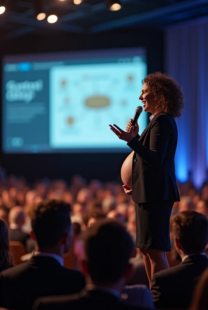 Caucasian female, medium wavy brown hair updo, pregnant, lecturing to thousands of people about business law on stage with a microphone in his hand gesturing to the screen, where some presentation was taking place