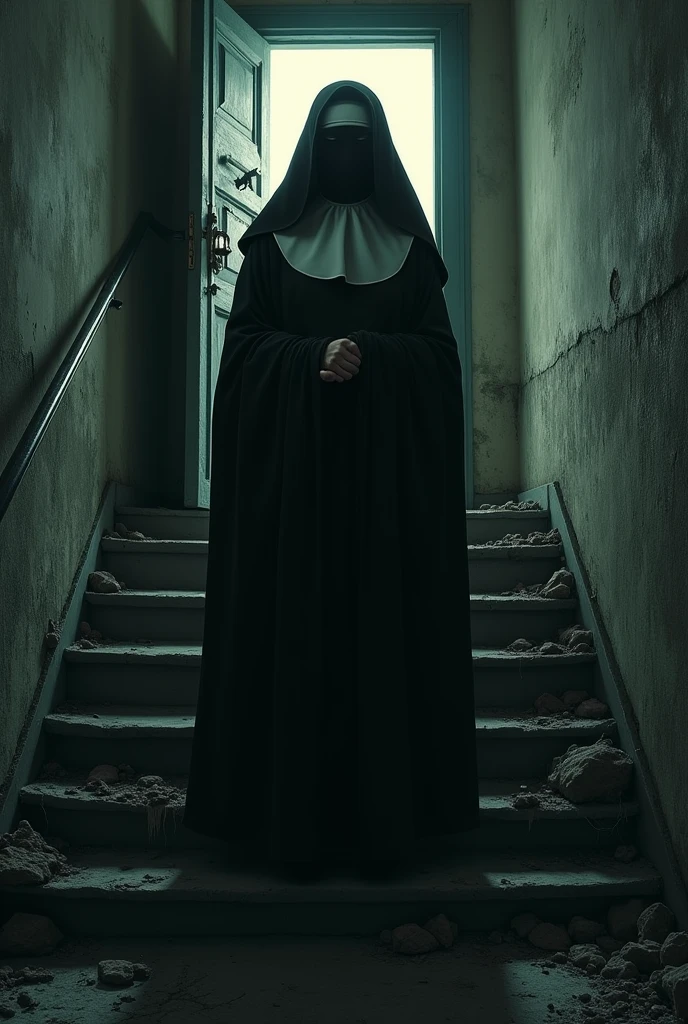 An evil nun behind a door that leads to a room via the stairs
