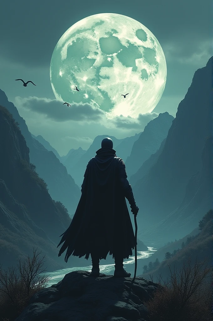 Gambit watches  as the full moon rises from the top of the mountain, a river and birds pass by on the horizon.