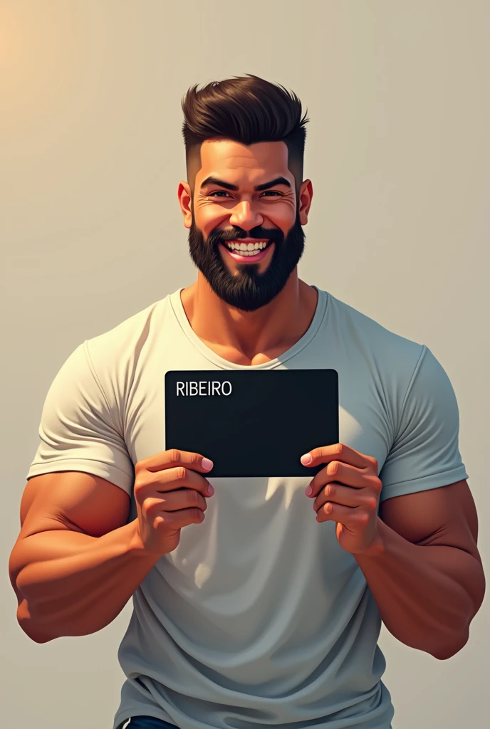 Smiling young burly bearded Puerto Rican man holding a black credit card with capital letters RIBEIRO written on it.