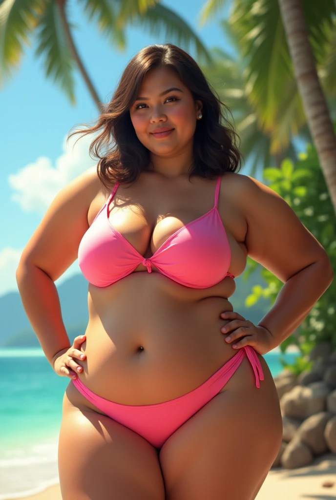 Chubby filipina wearing pink bikini photo outdoor with medium length hair