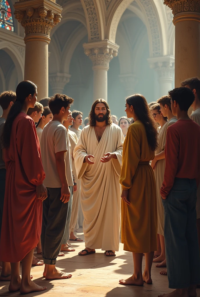 Modern young people and children with Jesus in the temple