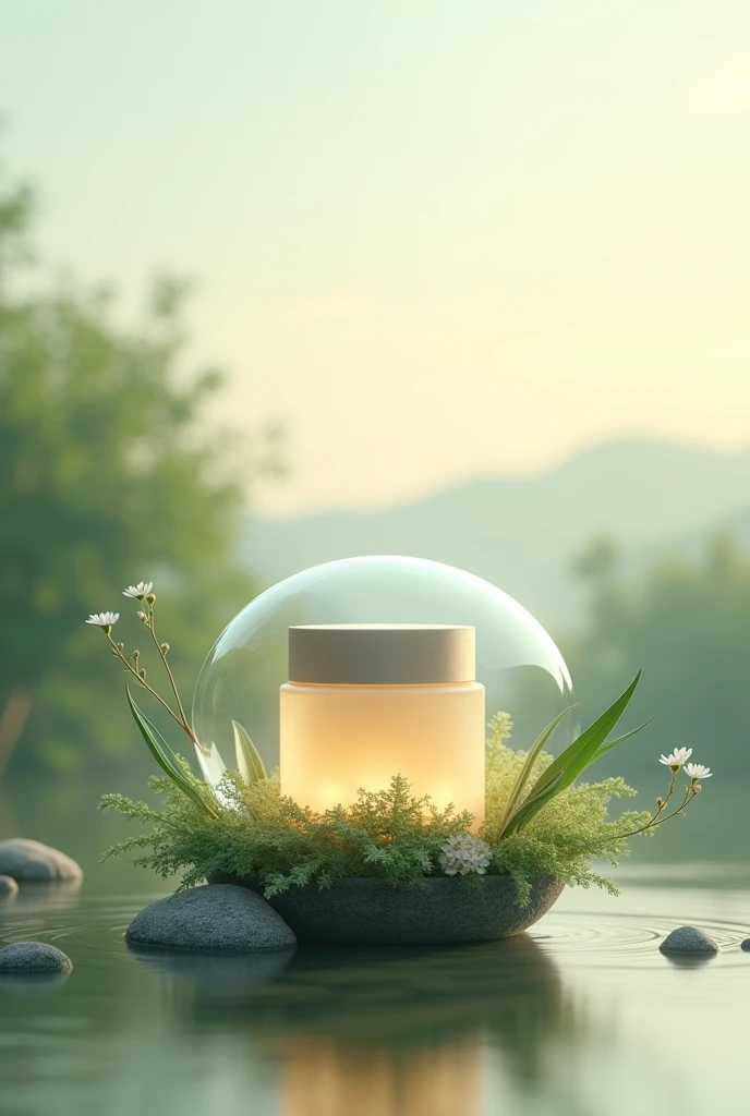 An encapsulated product, which has serene colors, and refer to calm. It may be a natural environment.
