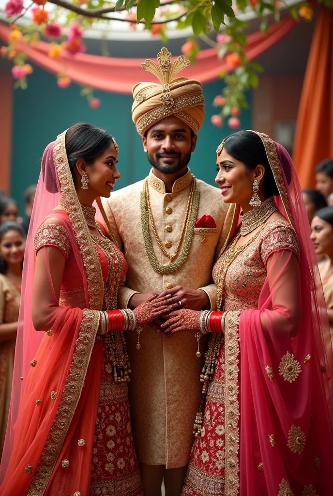 Two beautiful Indian wives marrying a handsome Indian guy real wedding images facing forward