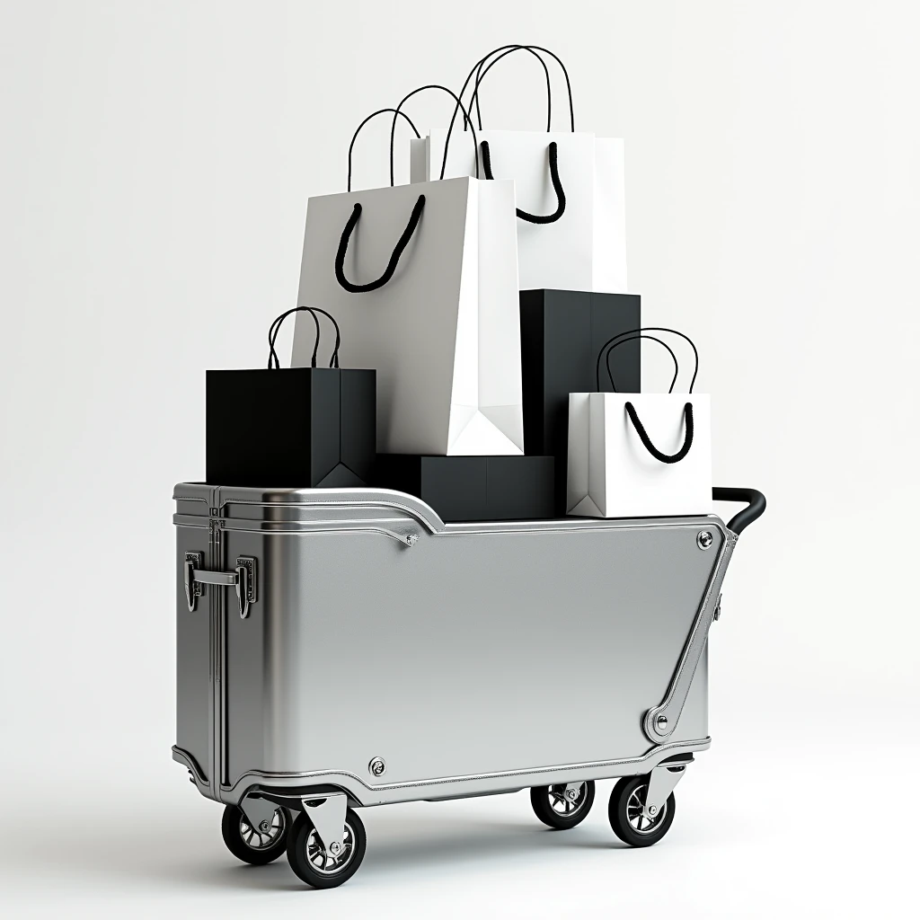 A luxurious silver vintage hotel tall luggage cart with a curved arch as roof. The cart is stacked with XXL mega large wide white BOSS shopping bags featuring bold black logos and white handles. Also included are thin matte black boxes. Set against a clean white studio background, the design emphasizes elegant branding and minimalist luxury.