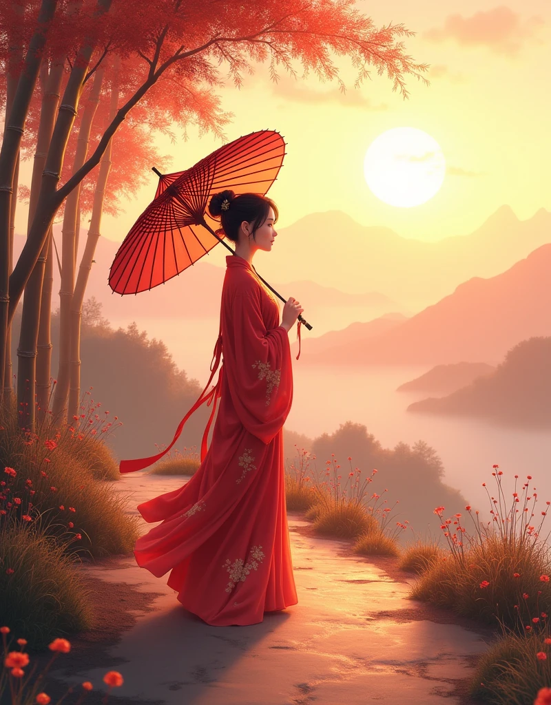 Create a digital illustration in 8K Ultra HD resolution,Depicts a young woman in her late s or early twenties.。She stood on a quiet mountain path,The setting sun shines,Looking far away,Gently holding a traditional oil-paper umbrella in hand。The umbrella is decorated with elegant plum blossom patterns,Oily paper texture is real,Reveals detailed texture and shimmer in soft evening light。The woman looks weak and lovable,Exuding a fragile yet tough beauty。
Her outfit is inspired by Chinese TV series《Lotus Tower》Li Lianhua in,Emphasize her softness and gentleness。She was wearing a strapless light red gown,The color of this robe is delicate and layered。The overall color tone is mainly soft light red,This light red color blends with a hint of rose pink,Exudes a warm and slightly tender feeling。The fabric shows changing luster under different lights,Makes the whole robe look as smooth and soft as silk,When blowing slightly in the wind,Exudes a light pearlescent luster。The embroidery pattern of the robe is delicately rendered in golden lines,It looks particularly gorgeous and layered on the light red background.,Delicately depict the elegance of traditional Chinese aesthetics。The red fabric of the robe complements the gold embroidery,The overall effect is both classic and soft.,Perfectly showing her dignity and elegance。
She has a slender figure,Light movements,Skin is delicate and smooth as porcelain,Hair pulled into a bun casually,A few strands of fine hair fall naturally around her face,Adds a sense of soft beauty,The texture of hair seems real and touchable。
The woman's face is beautiful,Soft facial features,The eyes reveal deep longing and expectation。She looked back,There is a hint of surprise and desire in the expression,As if I thought my old friend had returned。Her eyes sparkled with tears in the sunset,Skin appears transparent and soft under the warm sunlight,The corners of the mouth are slightly raised,A trace of imperceptible sadness。However,At that moment, his expression quickly turned to disappointment.,Because the person she expected didn't show up。Even though she looks weak,But the eyes reveal a kind of independence and strong strength,As if in the years of living alone,She has learned how to go on with strength。
The background is set on a quiet mountain road,The afterglow of the setting sun dyes the entire scene with golden light and shadow,The light is real and warm,The mountains in the distance and the remaining clouds on the horizon look and beautiful。The path is lined with low bamboo forests and scattered wild flowers.,blowing with the evening wind,The texture and real details of bamboo leaves and wildflowers are clearly visible。The entire screen presents unparalleled resolution,Details remain clear and realistic even when zoomed in,Make this image look great on the big screen or up close,All display stunning picture quality。