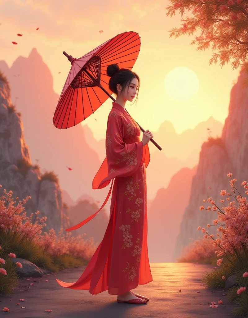 Create a digital illustration in 8K Ultra HD resolution,Depicts a young woman in her late teens or early twenties.。She stood on a quiet mountain path,The setting sun shines,Looking far away,Gently holding a traditional oil-paper umbrella in hand。The umbrella is decorated with elegant plum blossom patterns,Oily paper texture is real,Reveals detailed texture and shimmer in soft evening light。The woman looks weak and lovable,Exuding a fragile yet tough beauty。
Her outfit is inspired by Chinese TV series《Lotus Tower》Li Lianhua in,Emphasize her softness and gentleness。She was wearing a strapless light red gown,The color of this robe is delicate and layered。The overall color tone is mainly soft light red,This light red color blends with a hint of rose pink,Exudes a warm and slightly tender feeling。The fabric shows changing luster under different lights,Makes the whole robe look as smooth and soft as silk,When blowing slightly in the wind,Exudes a light pearlescent luster。The embroidery pattern of the robe is delicately rendered in golden lines,It looks particularly gorgeous and layered on the light red background.,Delicately depict the elegance of traditional Chinese aesthetics。The red fabric of the robe complements the gold embroidery,The overall effect is both classic and soft.,Perfectly showing her dignity and elegance。
She has a slender figure,Light movements,Skin is delicate and smooth as porcelain,Hair pulled into a bun casually,A few strands of fine hair fall naturally around her face,Adds a sense of soft beauty,The texture of hair seems real and touchable。
The woman's face is beautiful,Soft facial features,The eyes reveal deep longing and expectation。She looked back,There is a hint of surprise and desire in the expression,As if I thought my old friend had returned。Her eyes sparkled with tears in the sunset,Skin appears transparent and soft under the warm sunlight,The corners of the mouth are slightly raised,A trace of imperceptible sadness。However,At that moment, his expression quickly turned to disappointment.,Because the person she expected didn't show up。Even though she looks weak,But the eyes reveal a kind of independence and strong strength,As if in the years of living alone,She has learned how to go on with strength。
The background is set on a quiet mountain road,The afterglow of the setting sun dyes the entire scene with golden light and shadow,The light is real and warm,The mountains in the distance and the remaining clouds on the horizon look and beautiful。The path is lined with low bamboo forests and scattered wild flowers.,blowing with the evening wind,The texture and real details of bamboo leaves and wildflowers are clearly visible。The entire screen presents unparalleled resolution,Details remain clear and realistic even when zoomed in,Make this image look great on the big screen or up close,All display stunning picture quality。