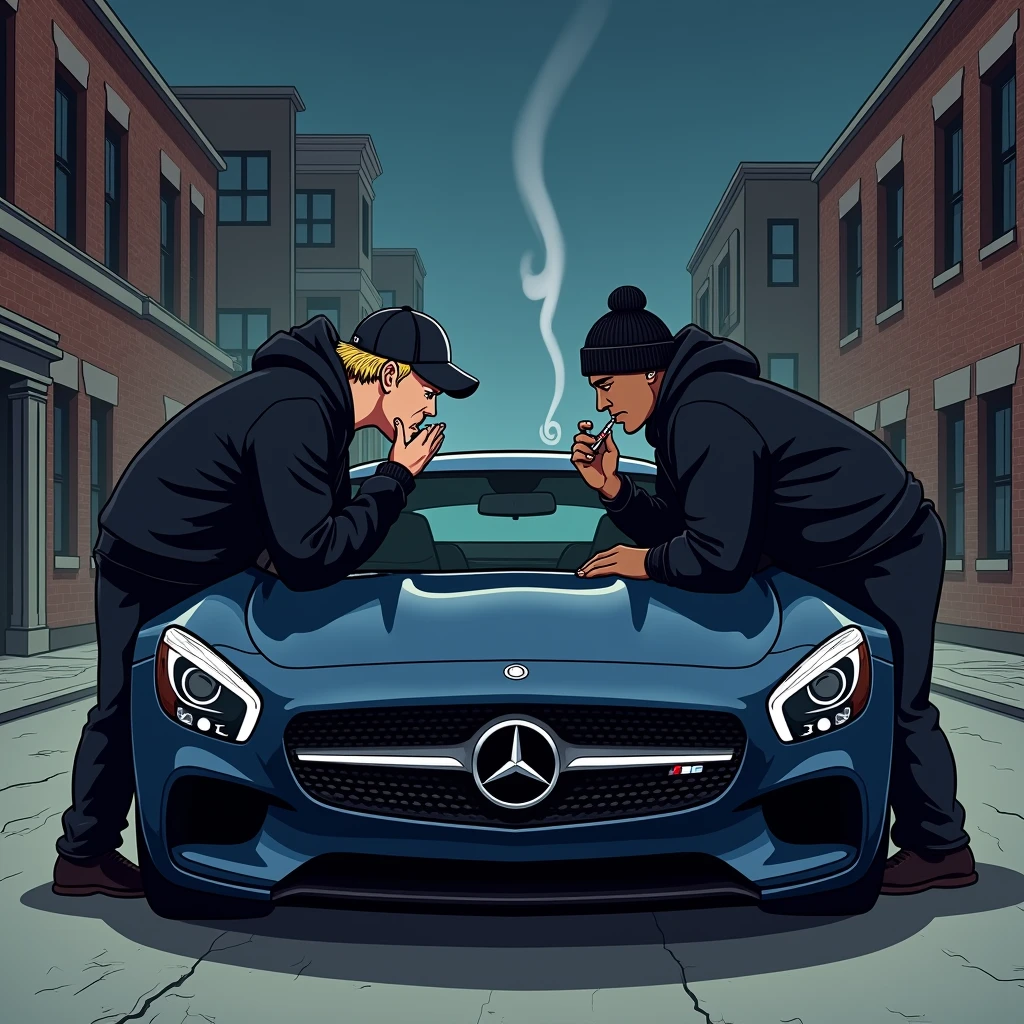 far front view of two guys leaning at the opposite on the left and right of the hood of a mercedes dark blue glossy sports car, empty dark city's street at night, buildings are abandonned with brick walls, one guy is blond with a trucker cap and hide his face with his hands, one have dark hair and a beanie lighting up 1 small cigarette in his mouth with a lighter and smoke in the air, both are dressed in black baggy clothes, mysterious atmoshpere, cartoon drawing
