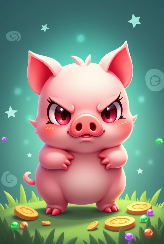 Pig looks small, pastel pink color, large eyes, shiny and red in the eyes, eyelashes, blushing, an angry expression with 2 small fangs, gold coins and green and purple gems, In the background put a green background with blue and stars, Make the design like the Brawl Stars characters, 2d, Brawl tsras