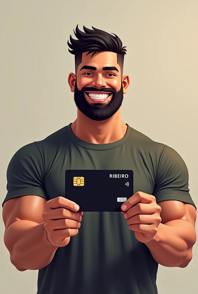 Smiling young burly bearded Puerto Rican man holding a black credit card with capital letters RIBEIRO written on it.