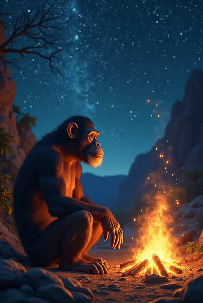 hominid sits by the fire, looking at the stars. You know something has changed forever. His offspring will have a new power, A new path to the future.