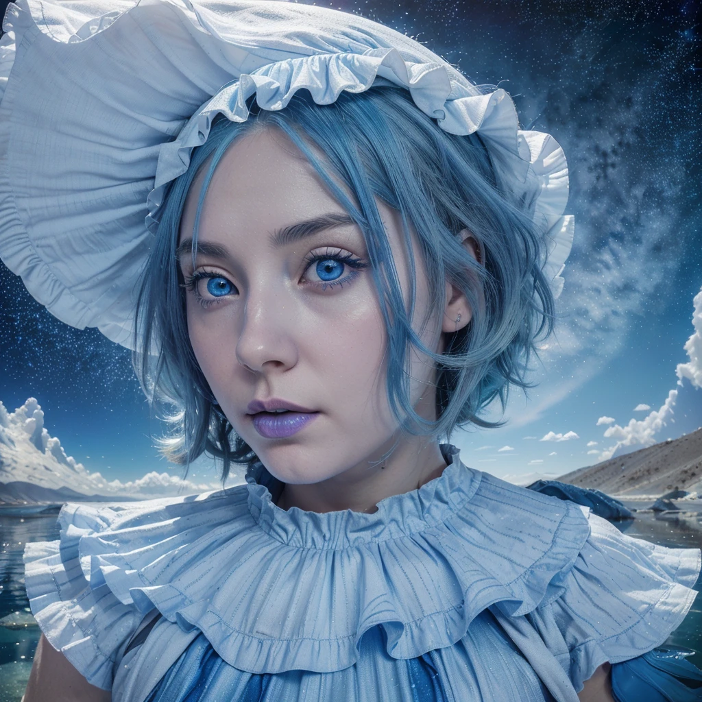 absurdres, highres, (official art, beautiful and aesthetic:1.2), (near vision:1.15), (1girl, blue hair, medium hair, blue eyes, bright eyes, long white dress, blue ruffle,:1.2) blue sky, Shimmering Galaxy, (Salar de Uyuni:1.2), (fractal art:0.8), water effects, ripple effects, (flower effects: 0.65), light effects,