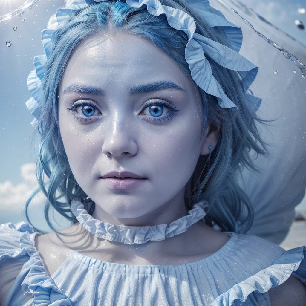 absurdres, highres, (official art, beautiful and aesthetic:1.2), (near vision:1.15), (1girl, blue hair, medium hair, blue eyes, bright eyes, long white dress, blue ruffle,:1.2) blue sky, Shimmering Galaxy, (Salar de Uyuni:1.2), (fractal art:0.8), water effects, ripple effects, (flower effects: 0.65), light effects,