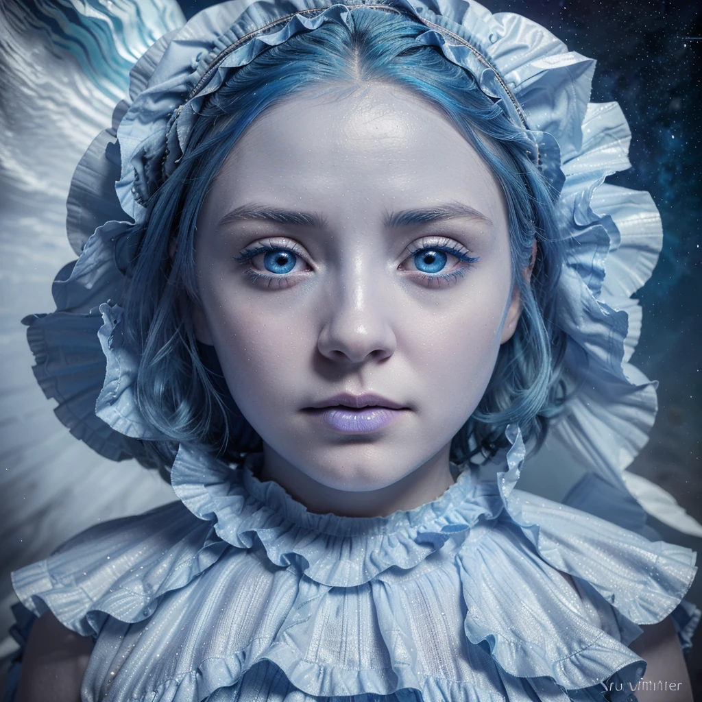 absurdres, highres, (official art, beautiful and aesthetic:1.2), (near vision:1.15), (1girl, blue hair, medium hair, blue eyes, bright eyes, long white dress, blue ruffle,:1.2) blue sky, Shimmering Galaxy, (Salar de Uyuni:1.2), (fractal art:0.8), water effects, ripple effects, (flower effects: 0.65), light effects,