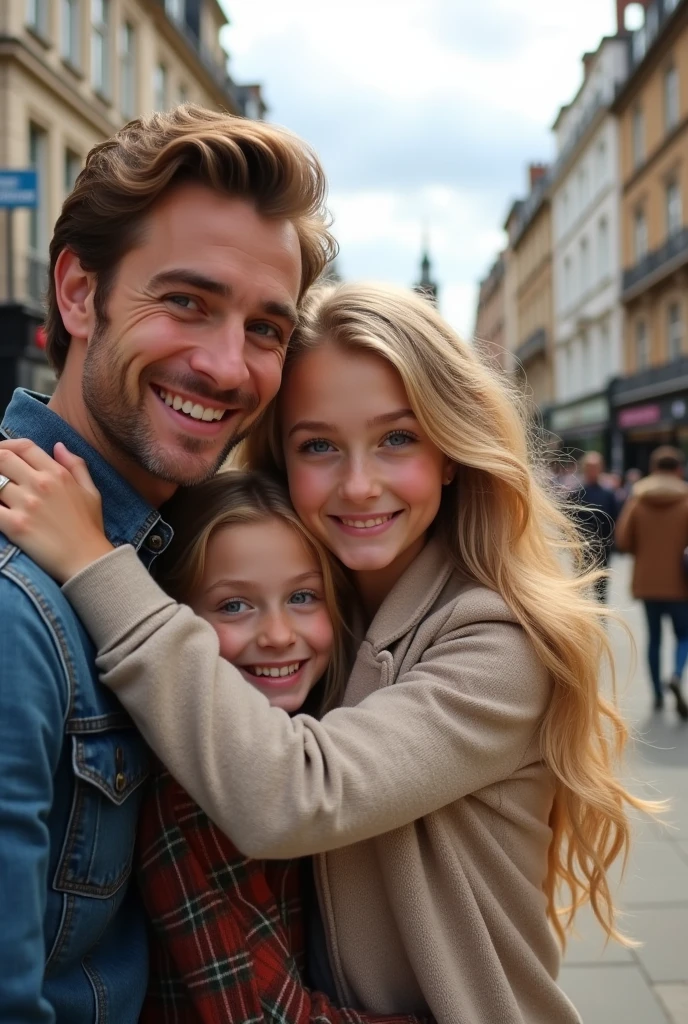 Blonde child , blue eyes very long hair hugging her father, brown hair and eyes and her mother blonde green eyes long hair taking a selfie on the streets of London 8k ultra realistic