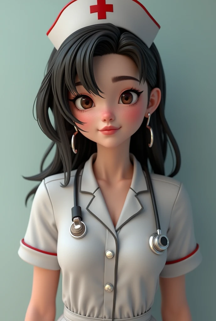 black haired girl , Brown eyes, earrings, sexy nurse outfit 3d render