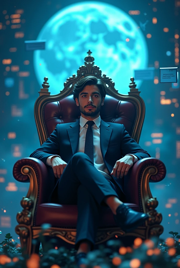 high détail, Clarity, 10 kkk, Throne of graph, young investor, Suit, dark straight hair, shorth hair, greeneyes, with blue moon behind, stock market charts next to the moon, 3D realism, 4km wall investment quote