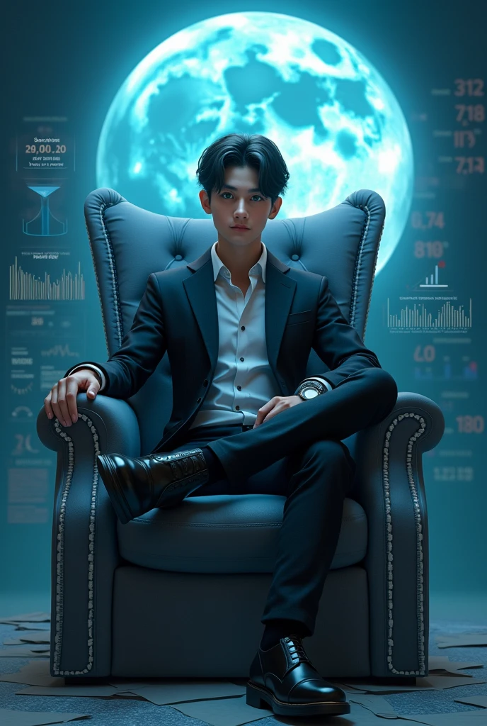 high détail, Clarity, 10 kkk, Throne of graph, young investor, Suit, dark straight hair, shorth hair, greeneyes, with blue moon behind, stock market charts next to the moon, 3D realism, 4km wall investment quote
