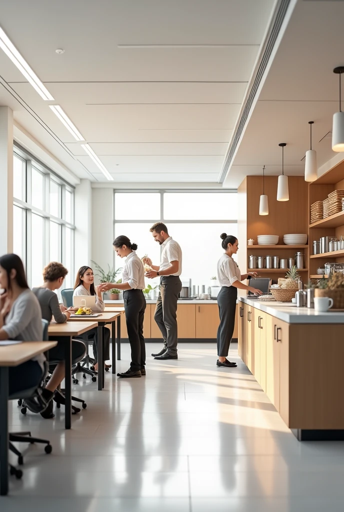 Want img show commercial office and pantry staff serving office staff with systematic way as we provide pantry staff show office with some employees
