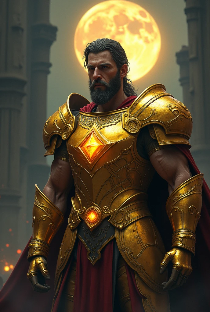 Aegis, an imposing warrior in golden armor, is prepared for battle. His armor shines brightly under the moonlight, highlighting an ominous glow emanating from a stone embedded in the armor&#39;s chest. The armor&#39;s golden aura is accentuated by an inner light that pulses with an ominous tone., reflecting the power and fury of the warrior. The surrounding environment is shrouded in shadows, with the moon partially illuminating the scene, creating a dramatic contrast entre a luz da armadura e a escuridão ao redor.

Aegis is in a combat stance, with his armor gleaming as he prepares for a confrontation. His gaze is intense and challenging, conveying a sense of determination and ferocity. The shine of the stone on the chest of the armor casts metallic reflections that highlight the imposing and threatening nature of the warrior..

Visual Details:

Golden Armor: Full of intricate details, with a golden glow that accentuates its power and majesty.
Stone in the Chest: An eerie glow that emits a pulsating inner light, as if carrying a powerful and threatening energy.
enviroment: Deep shadows all around, with the moon partially illuminating the scene, creating a dramatic contrast.
Combat posture: Aegis in an aggressive position, ready to fight, with a defiant and fierce look.
atmosphere: Tense and threatening, with the shine of the armor and the moonlight creating a dramatic and expectant scene.

