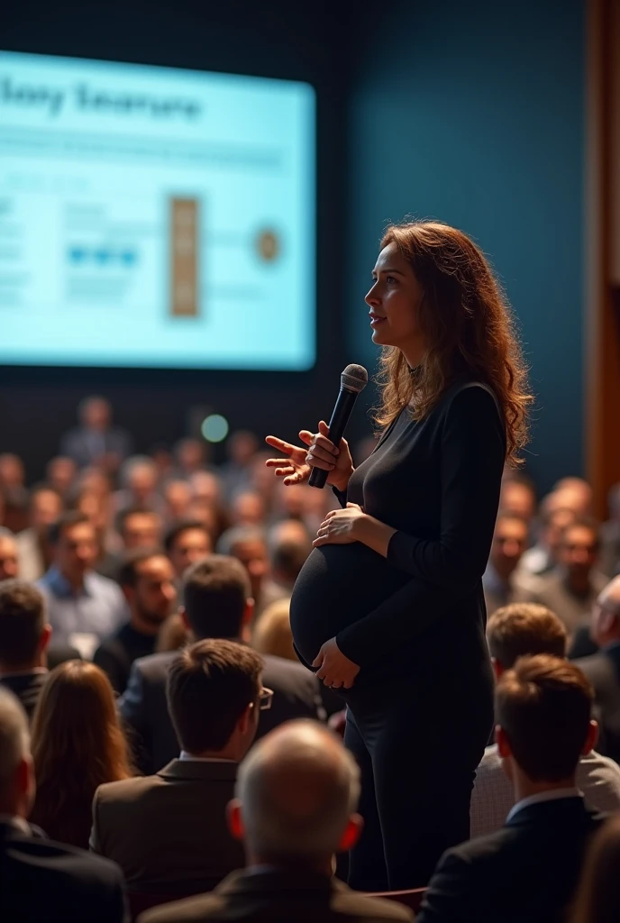 Caucasian female, Medium brown wavy hair, pregnant, lecturing to thousands of people about business law on stage with a microphone in his hand gesturing to the screen, where some presentation was taking place