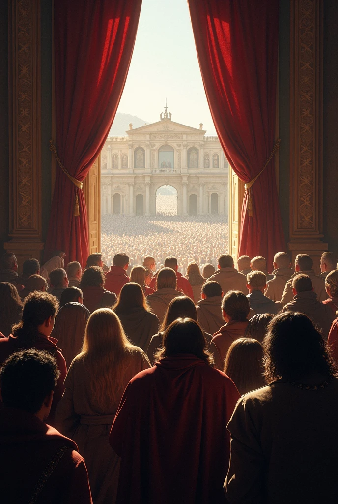 A crowd looking anxiously at the window of a king&#39;s room 