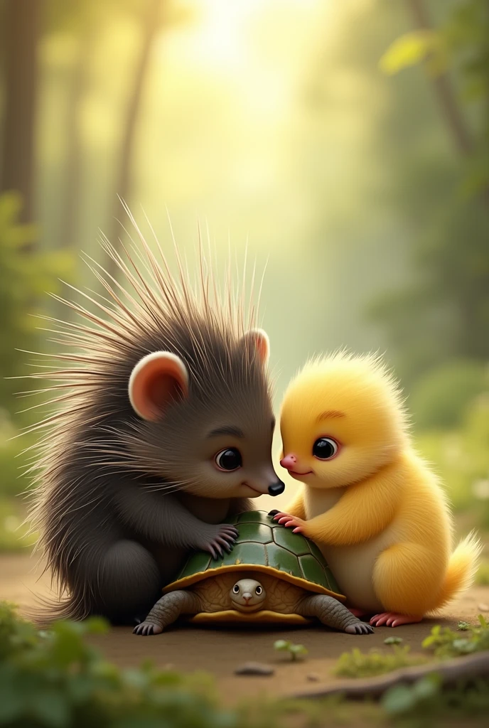 a baby porcupine and a baby turtle and a baby bird