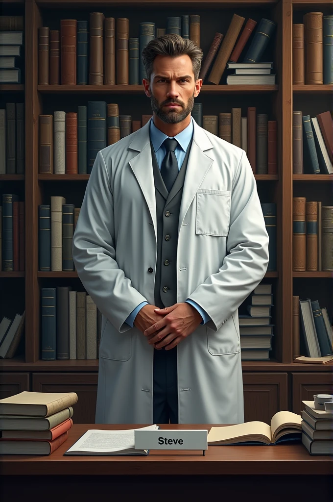 2d masculine a psychology docter with docter coat stand, and the background filled with books, his table has a board name steve