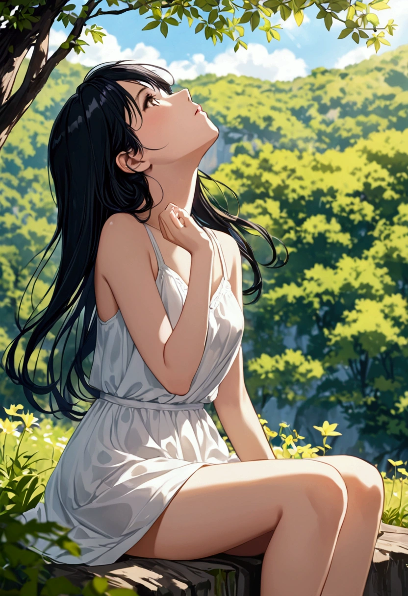 August Plateau,A cool-looking girl sitting and looking up,Beautiful black hair fluttering in the fresh breeze,Super beautiful girl,Nice body