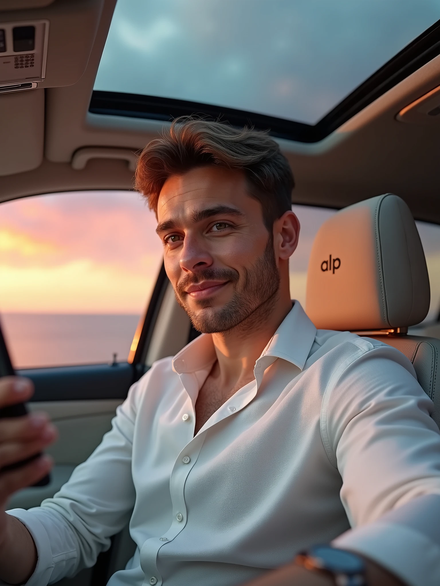 Hyperrealistic selfie of ((André, 1Man, 30 years old)), (realistic, photorealistic:1.37), ((brown hair:0.6)), ((short straight hair)), ((magnificent pair of brown eyes:0.6)), intricate details, perfect muscular body structure, clear sun-kissed skin, wearing a modern sophisticated white linen long-sleeve shirt and a modern sophisticated watch. 3/4 angle (45 degrees) camera view. Calm expression expressing deep gratitude. Holding cellphone with left hand for a side-pose selfie. Focus on André through the selfie, panoramic sunroof, sports seat with synthetic leather and embroidered "ALP" initials on headrest, and passenger side door. Natural light with magnificent pink-orange sunset. External environment. Infinity"