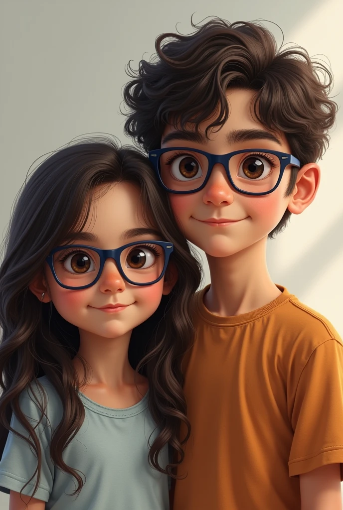 A TEN YEAR OLD with LONG hair reaching her waist,wavy medium curly and dark brown dark brown eyes brown skin 1,50 tall, wears black glasses and has a brother much older and taller than her and very white, 1,75 IN TALL Wears dark blue glasses Chubby Very WHITE skin Short dark brown wavy hair Dark brown eyes 