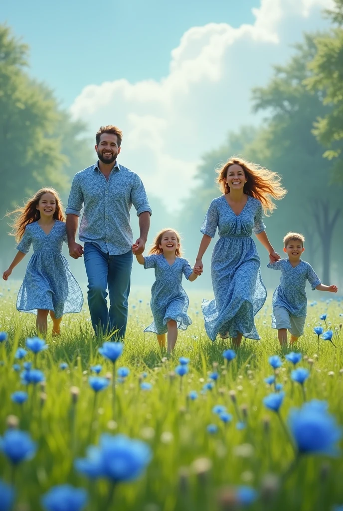 A family, inside wearing blue floral clothes, running in the middle of a field, and having blue flowers, everyone is very happy and they are also evangelicals 
