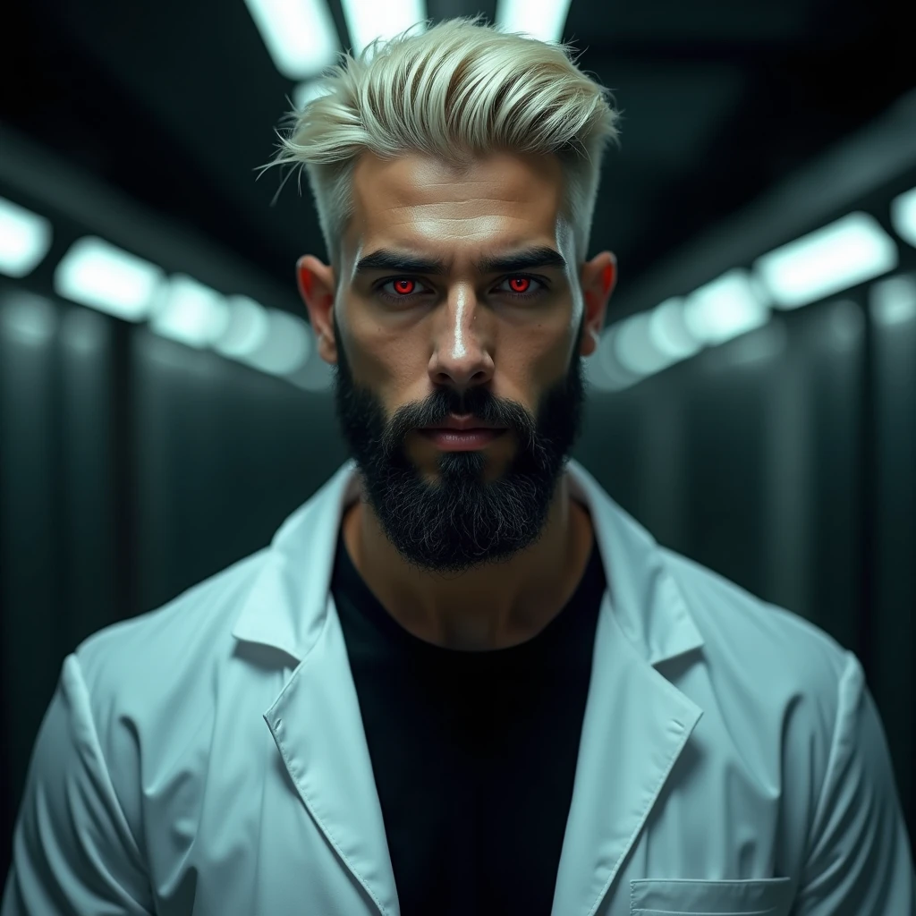 Photograph headshot of a very tall attractive Arab-Egyptian featured male model, short crew cut layered textured platinum blond wavy swept back hair, long black stubble, lithe body, brown skin, vibrant red eyes, tall toned body. Professional expression. Lab coat, black shirt, dim fluorescent lighting, foreboding facility.