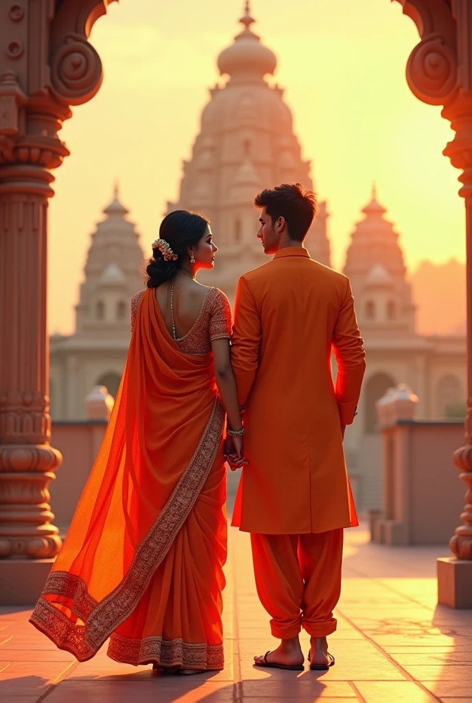 Generate a 3D illustration of a 24-year-old Indian couple in traditional attire, standing in front of temple at sun set time she wears a orange saree men wears Orange kurtha.
